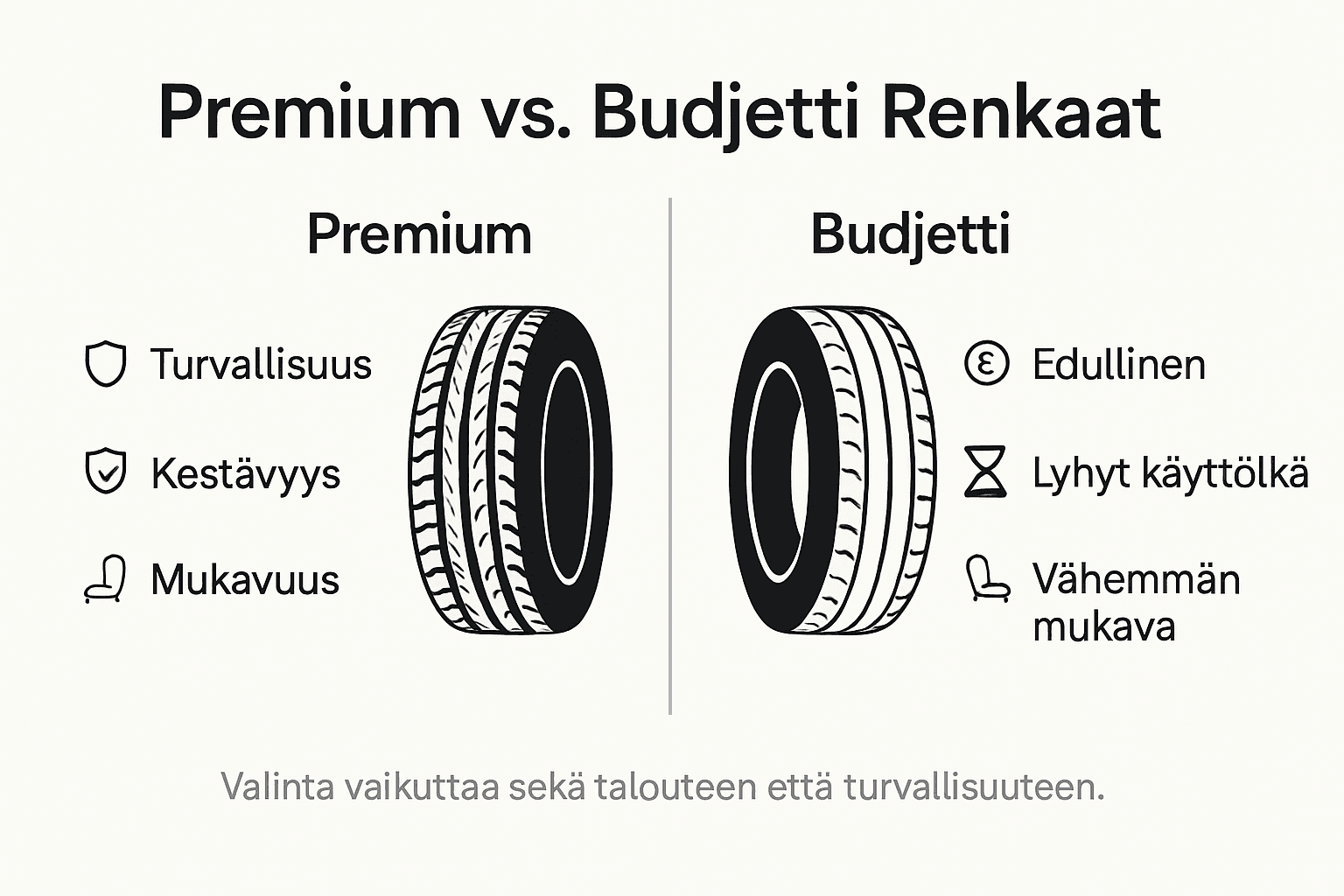 Havainnollinen infografiikka, jossa vertaillaan laatuluokan ja edullisten renkaiden eroja