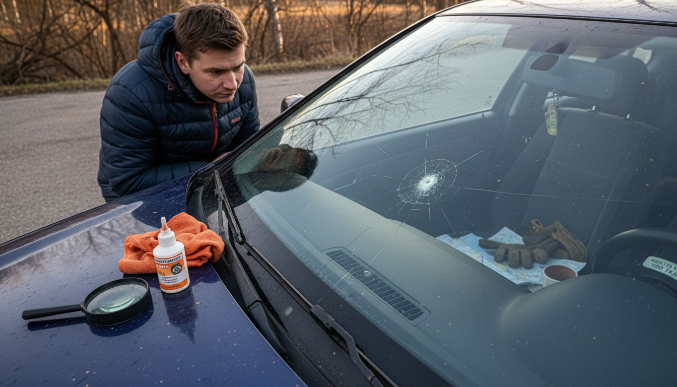 Kuljettaja tutkii tuulilasin kiveniskemää suurennuslasin avulla.