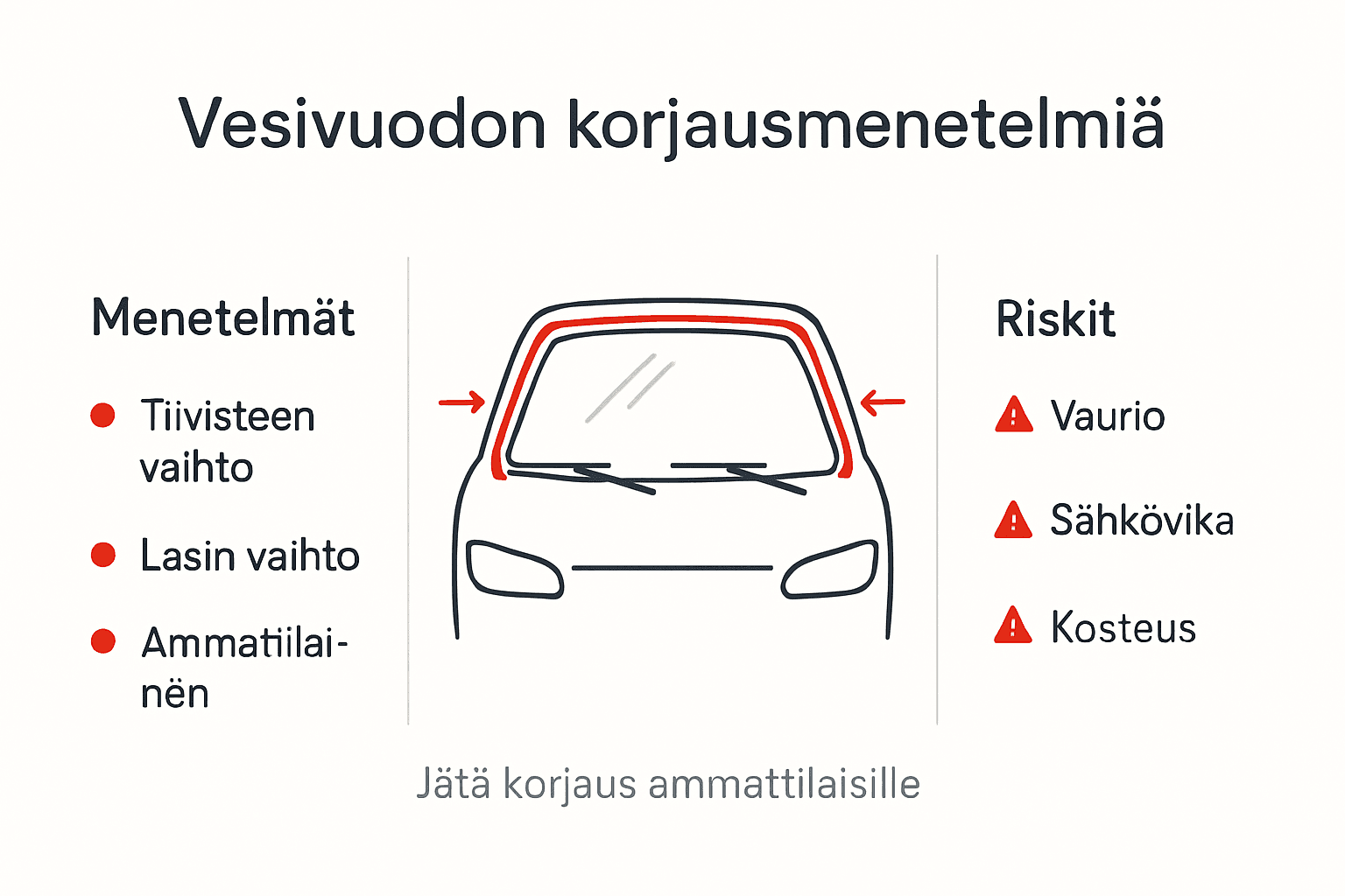 Infografiikka: Miten tuulilasin vuotava vesi korjataan – eri menetelmät ja mahdolliset riskit