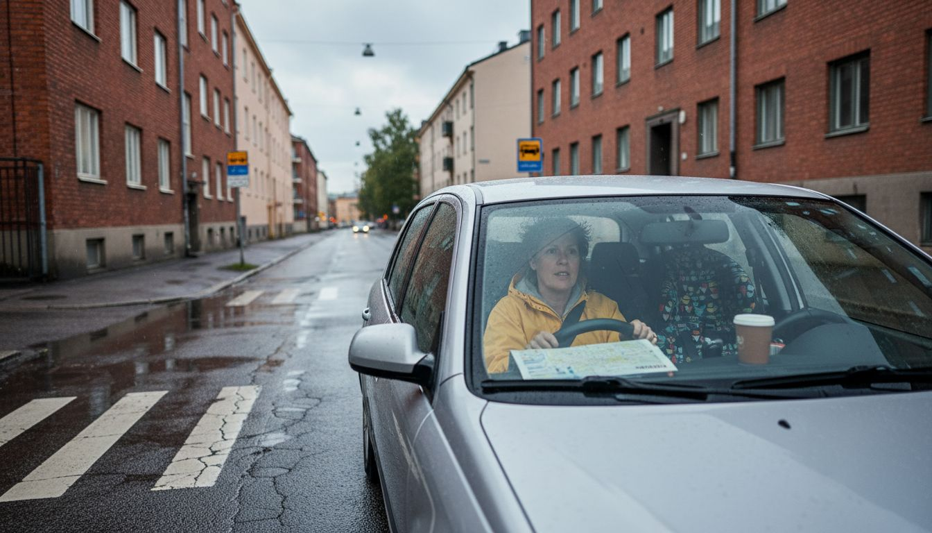Helsingissä auto liukuu sateen kastelemalla kesätiellä.
