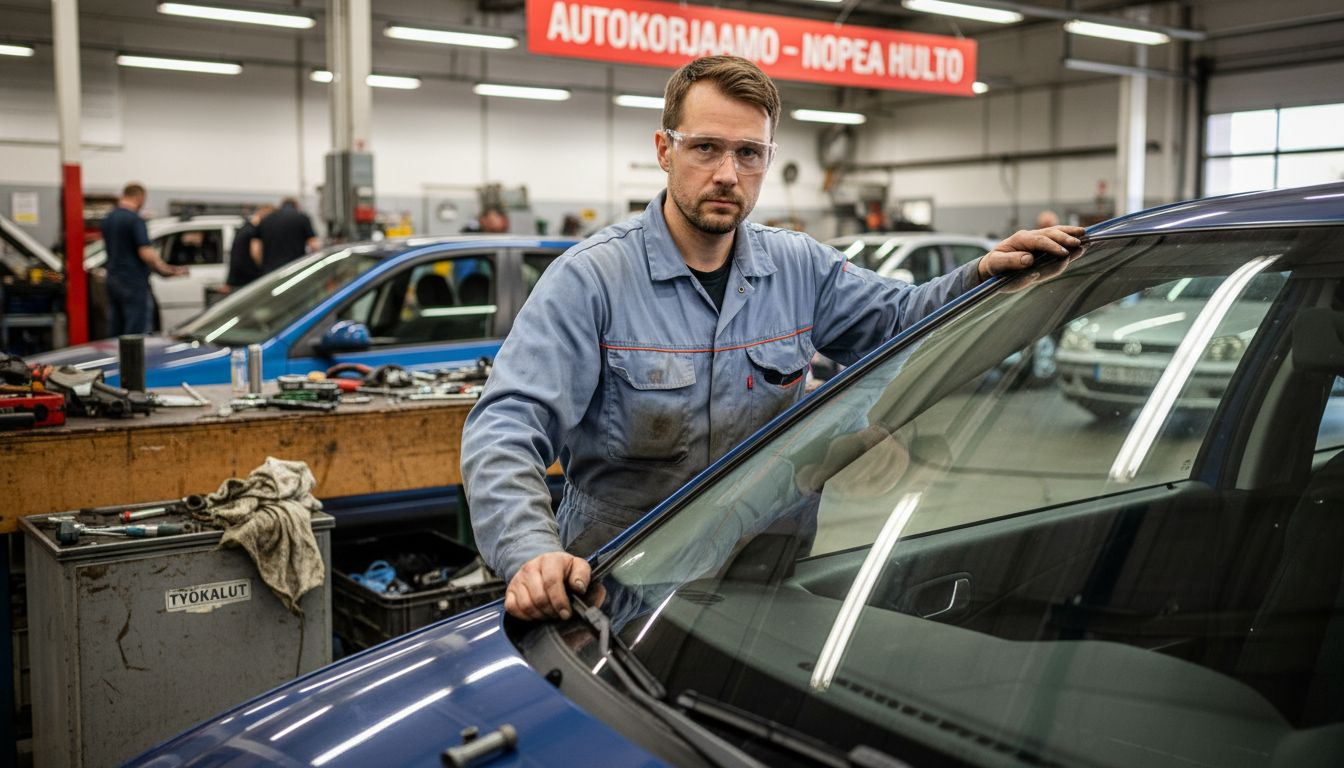 Automekaanikko asentaa uutta tuulilasia korjaamolla.