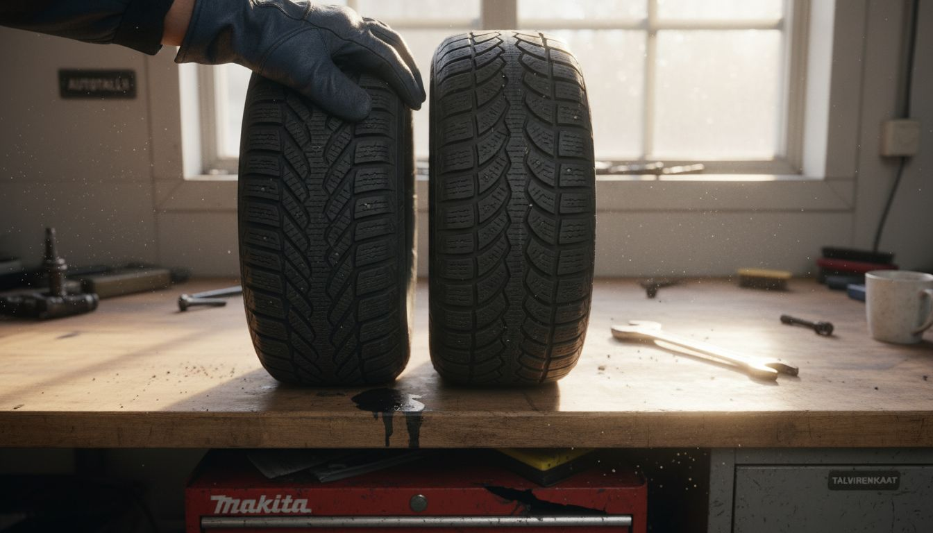 Kädet vertailemassa talvirenkaiden erilaisia kuviointeja