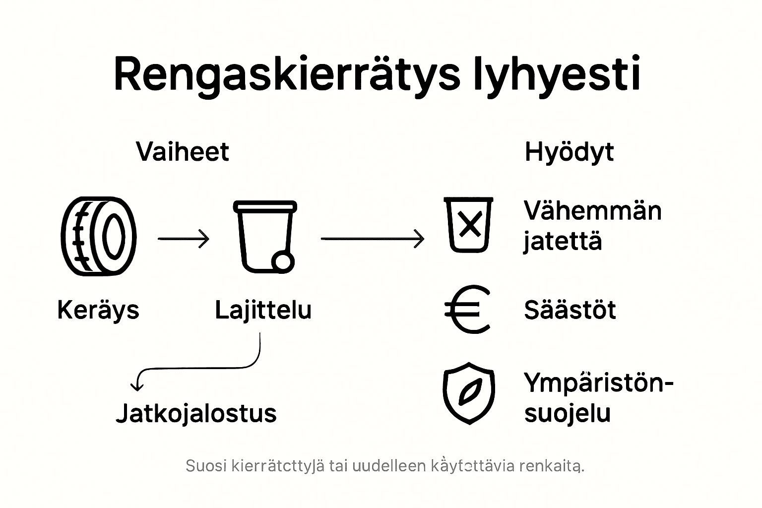 Kaavio, joka havainnollistaa rengaskierrätyksen eri vaiheet sekä kertoo, miksi kierrätys on tärkeää ja mitä hyötyjä siitä syntyy.