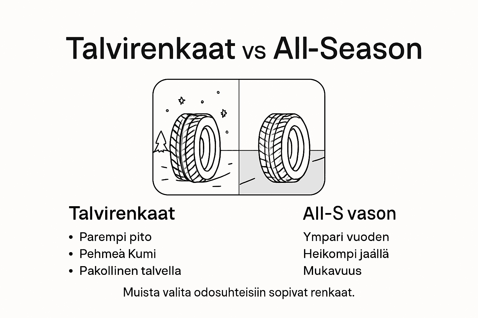 Havainnollinen vertailu talvirenkaiden ja ympärivuotisten renkaiden eroista