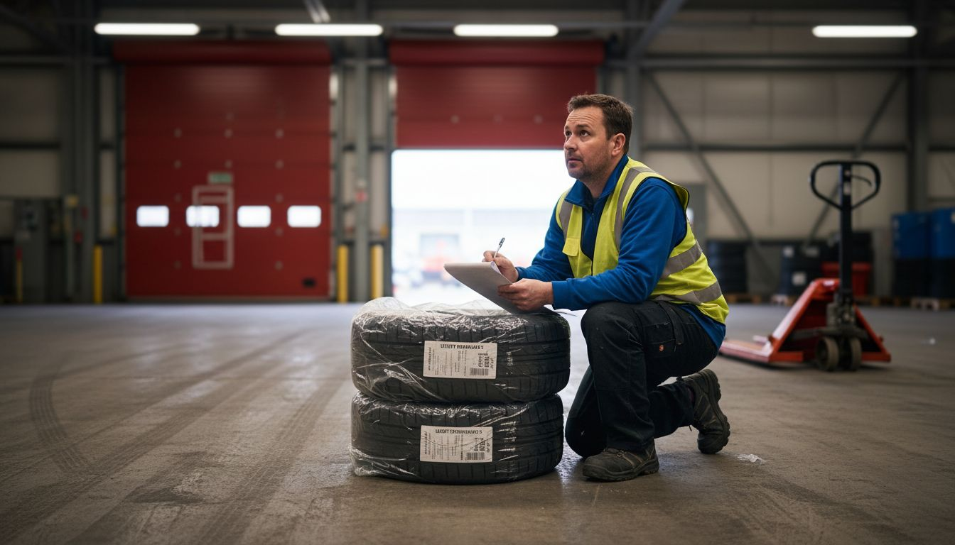 Työntekijä tarkastaa varastoon saapuneita yrityksen renkaita.