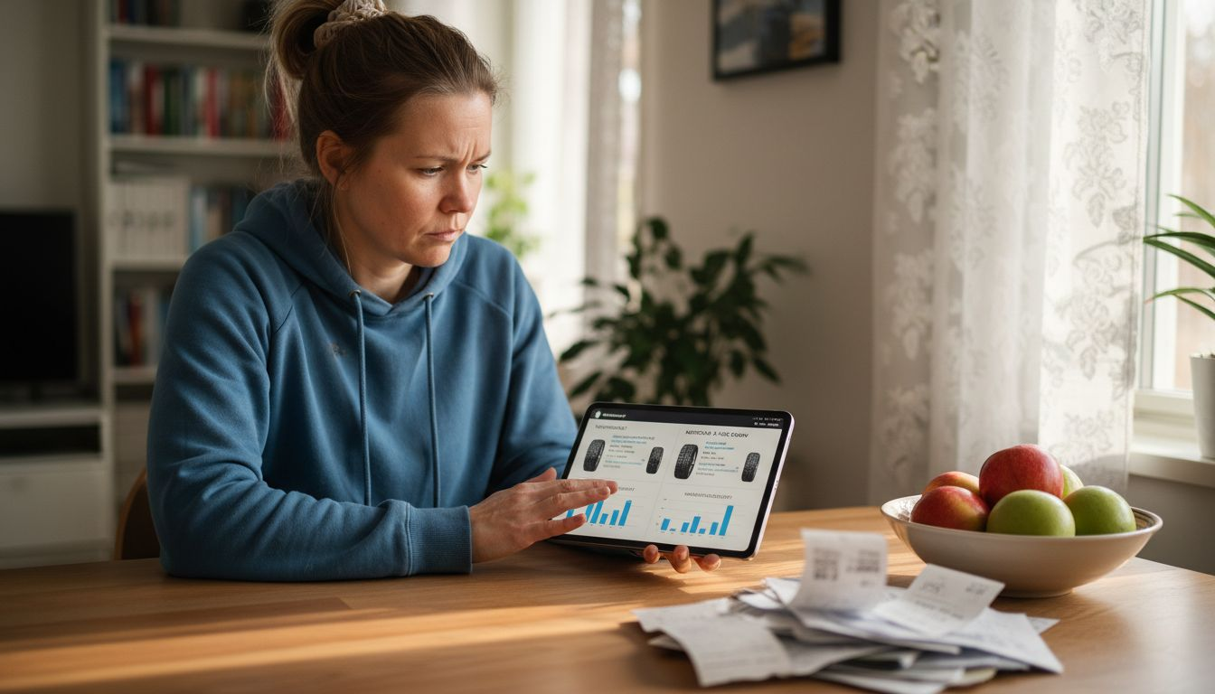 Nainen vertailee eri rengasmerkkejä netissä ennen ostopäätöstä.