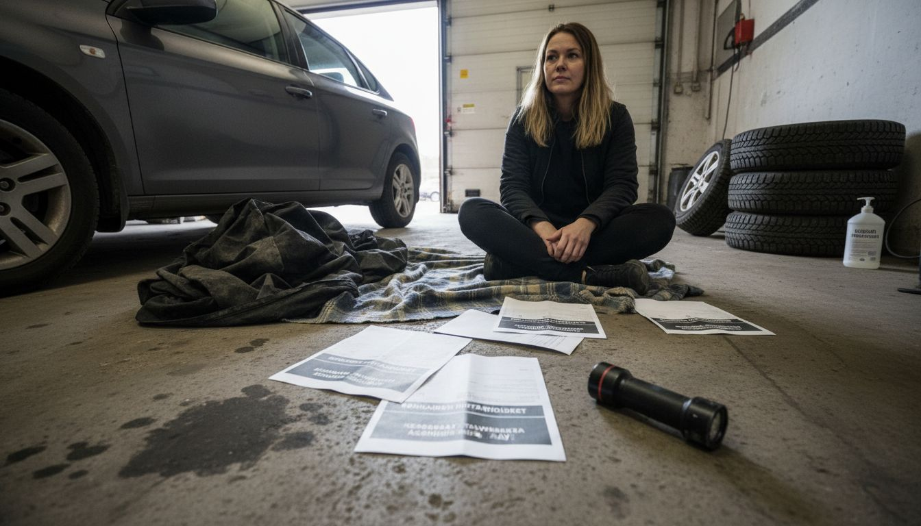 Nainen vertailee rengastarjouksia autokorjaamolla.