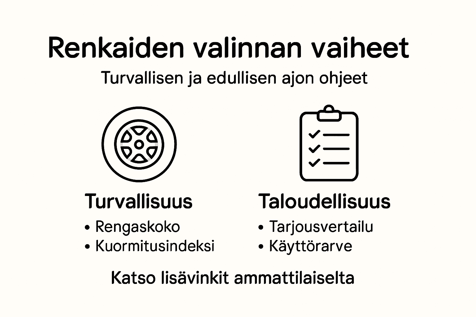 Infografiikka renkaan valinnan tärkeimmistä vaiheista