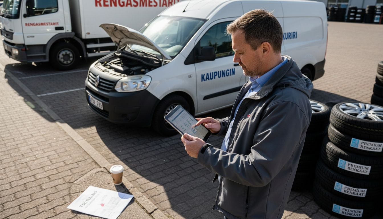 Kalustopäällikkö vertailee yrityksen eri rengasvaihtoehtoja