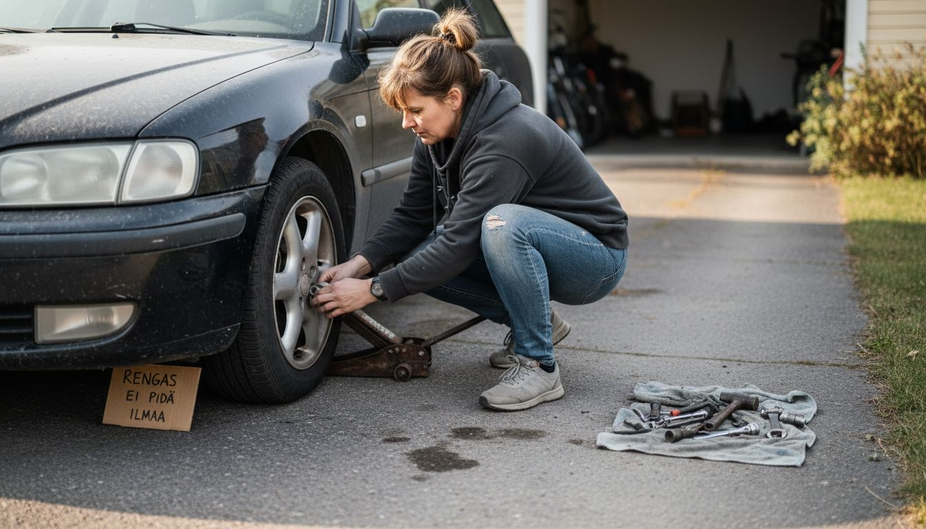 Nainen laittaa tunkkia paikoilleen vaihtaakseen auton renkaan.