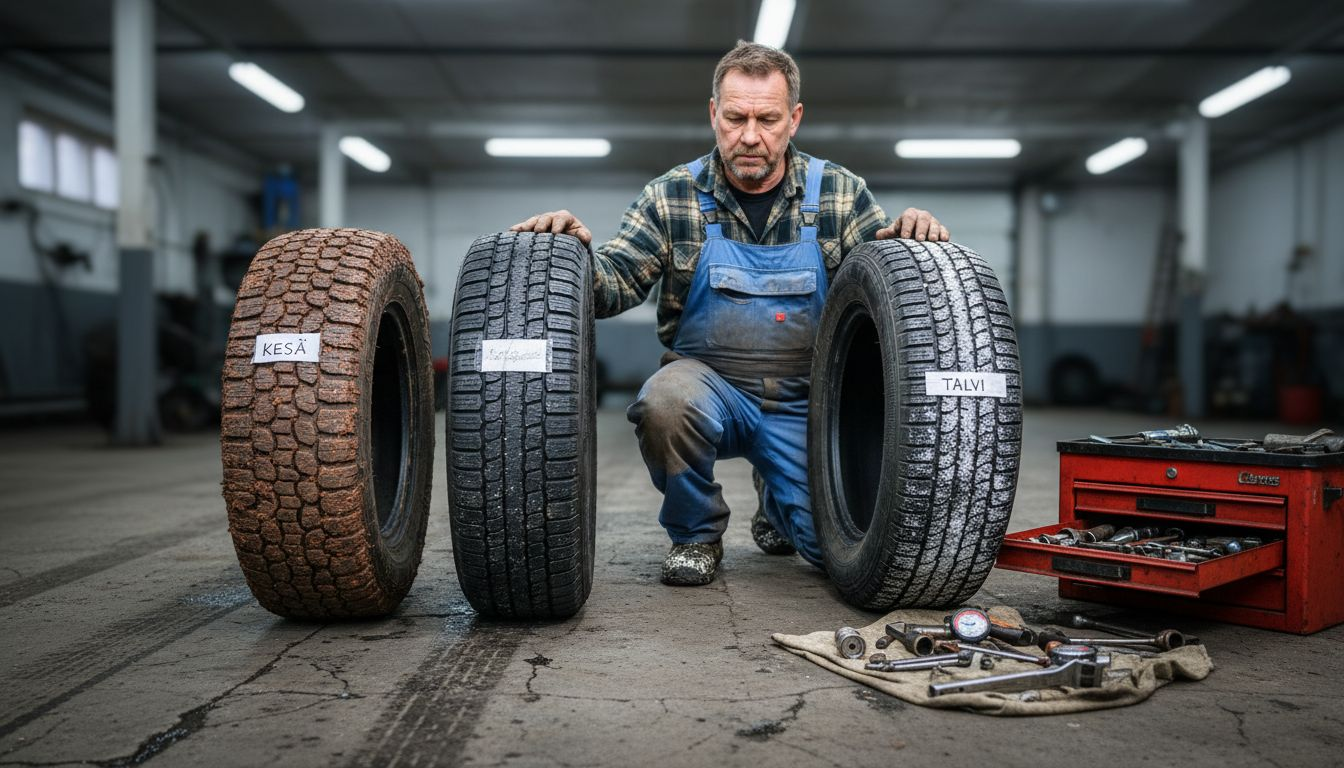 Automekaanikko vertailee kesä- ja talvirenkaiden urakuvioita ja pohtii niiden eroja käytännössä.