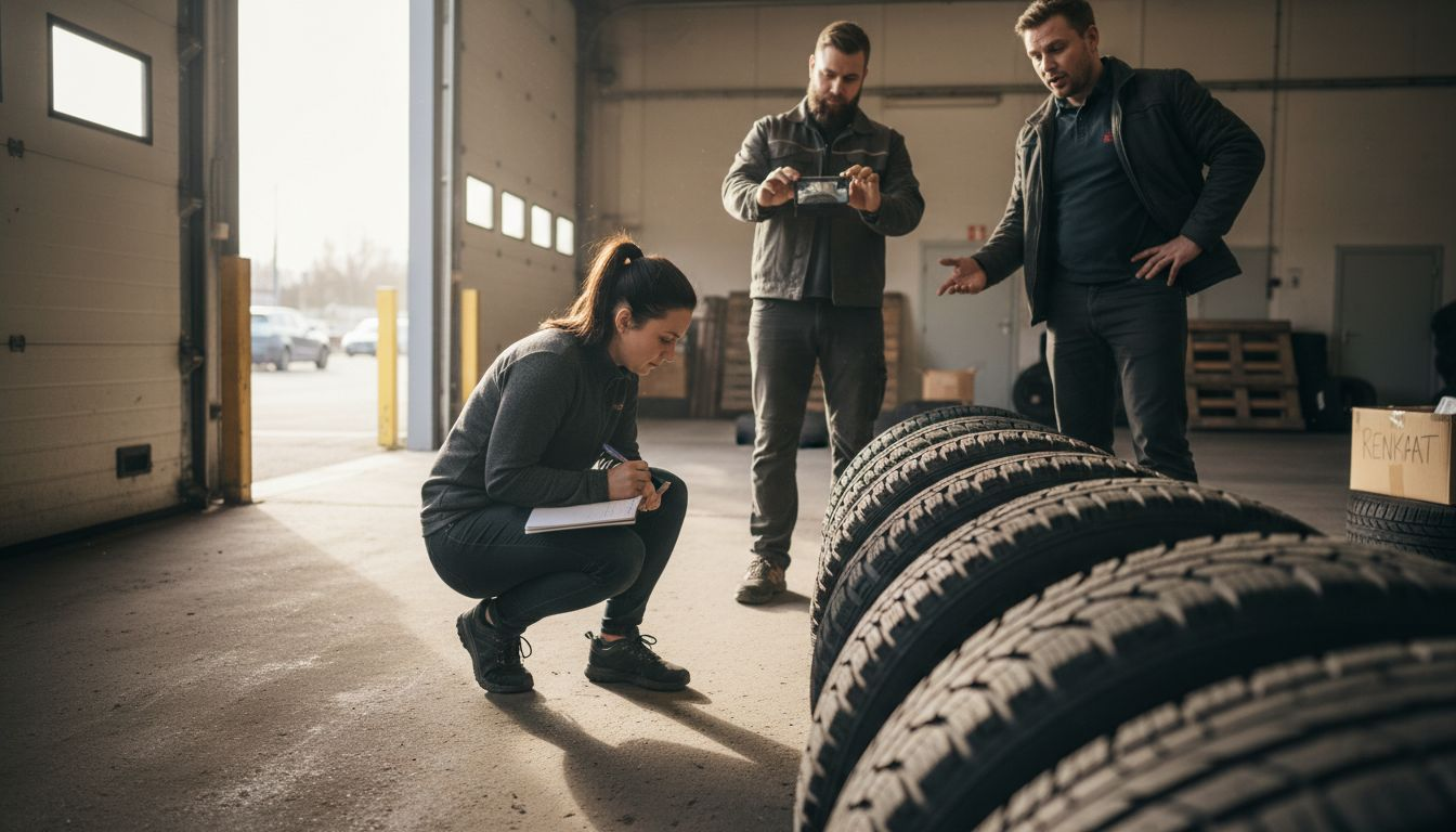 Tiimi tutkii varastossa olevia rengasnäytteitä.