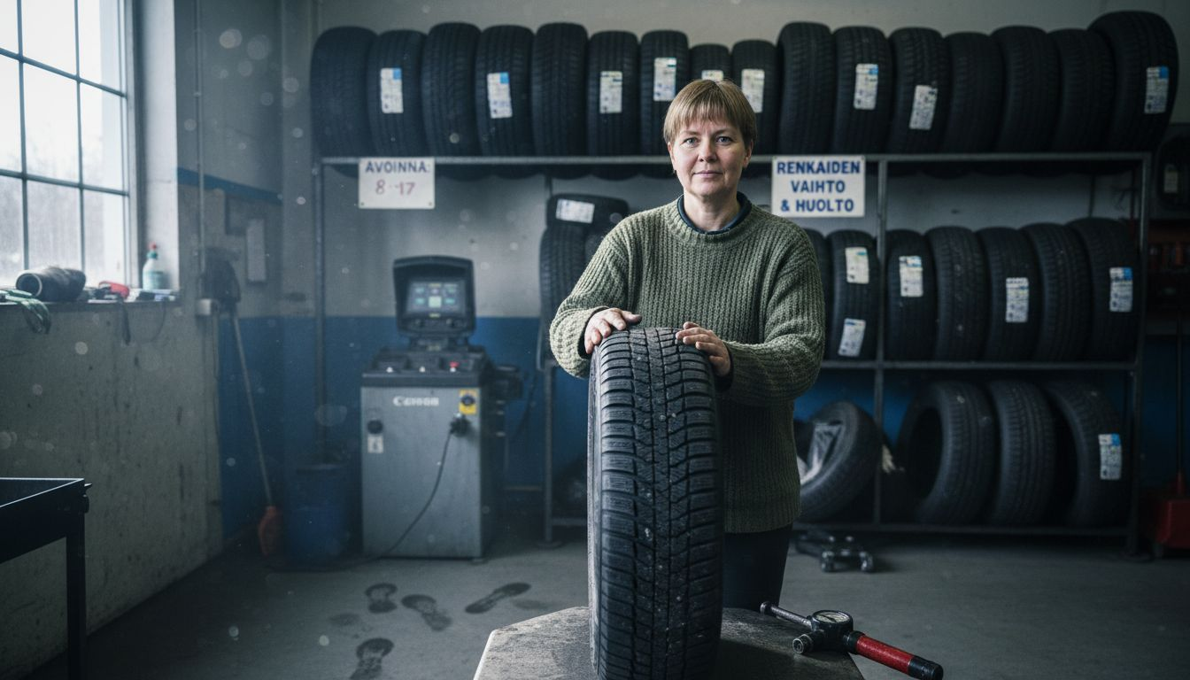 Nainen tarkastelee sähköauton hiljaista rengasta korjaamolla.