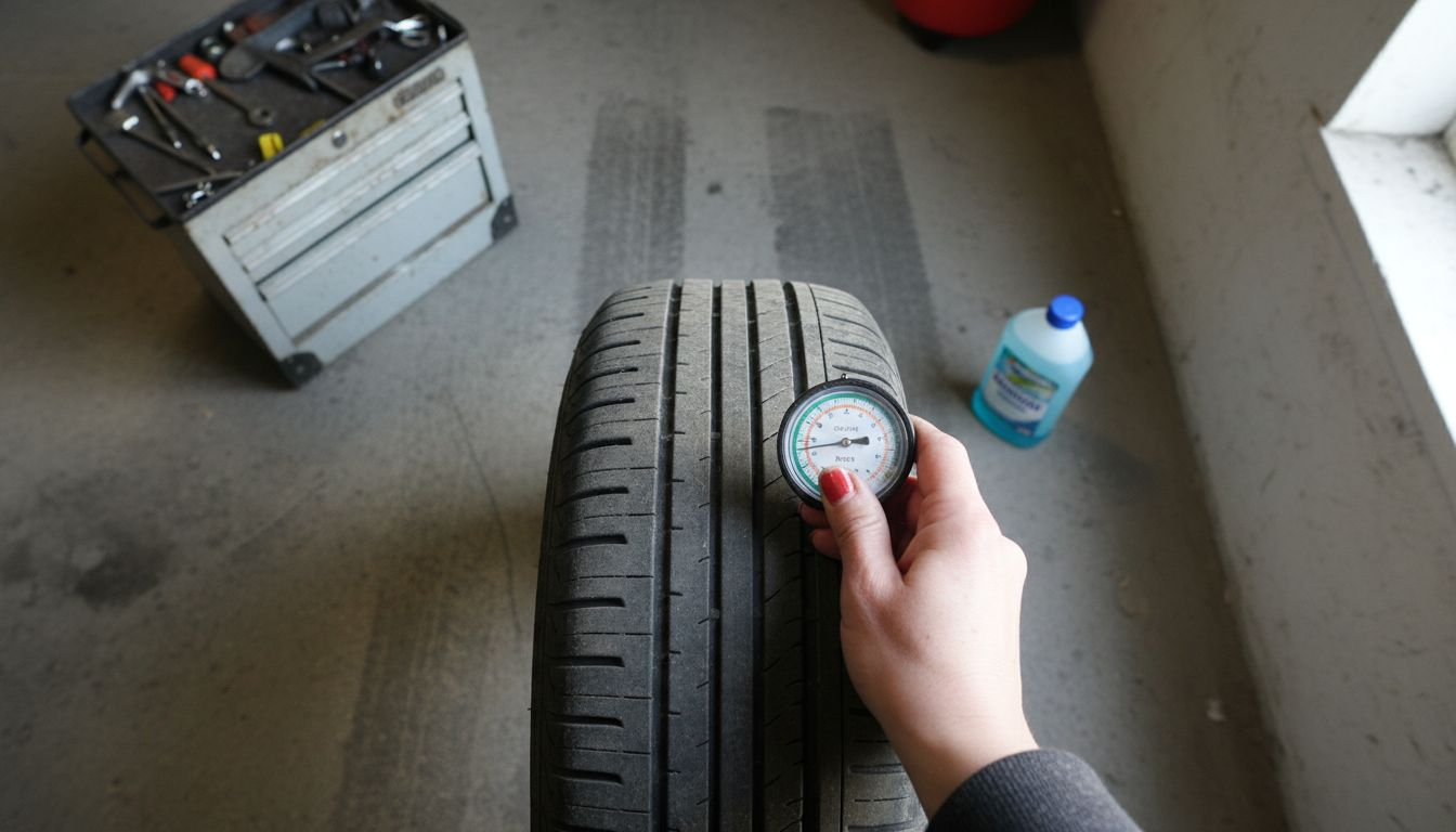 Auton renkaan ilmanpainetta mitataan käsikäyttöisellä mittarilla.