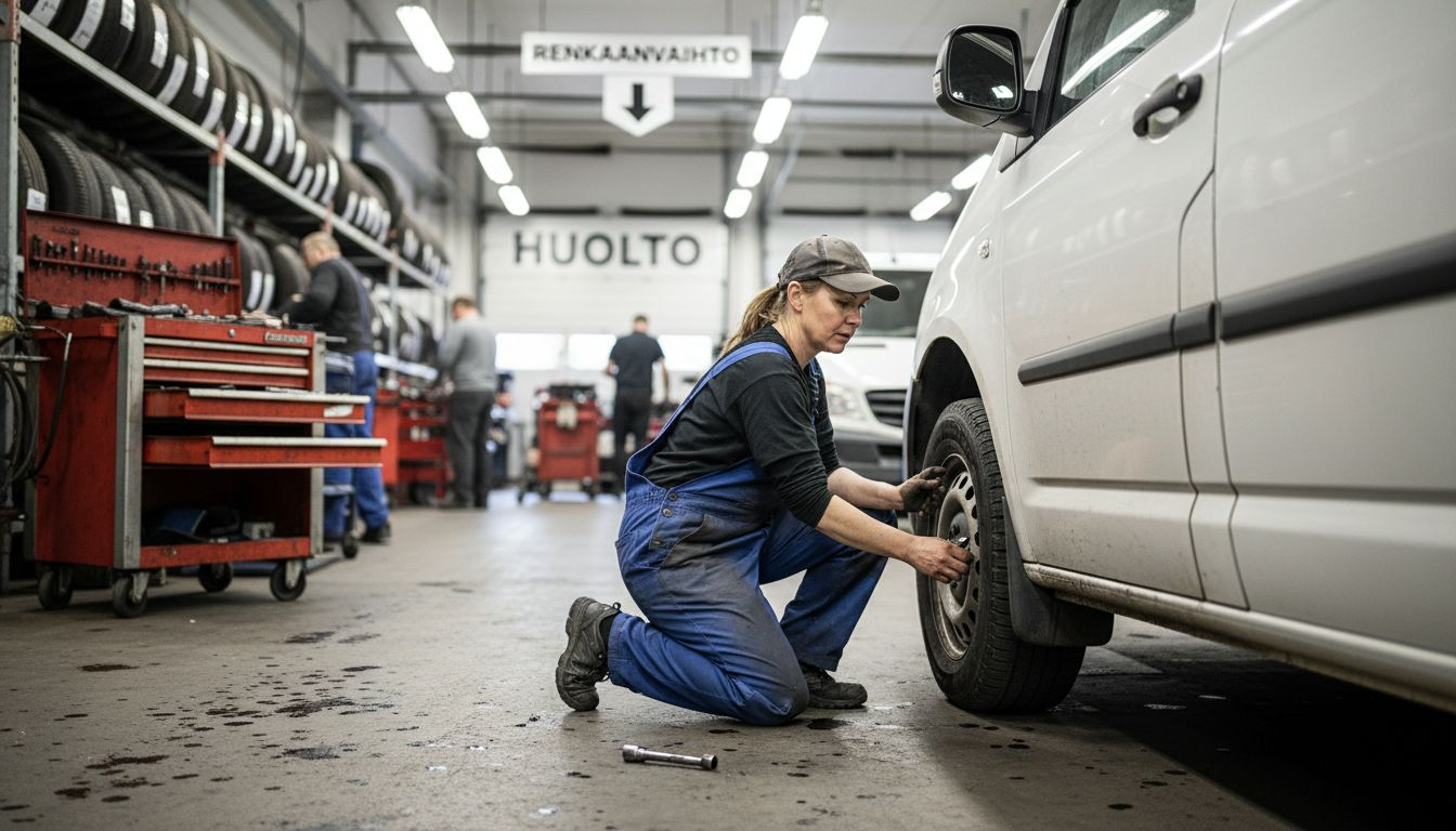 Automekaanikko tarkastaa renkaan kuntoa korjaamolla.