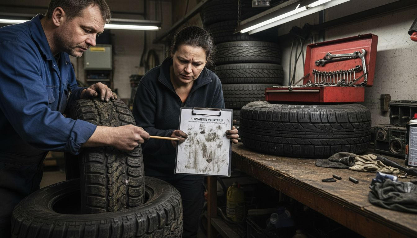 Ammattimekaanikot vertailevat renkaita huoltohallissa, miettivät yhdessä eri vaihtoehtojen ominaisuuksia ja jakavat omia kokemuksiaan käytännön työssä.