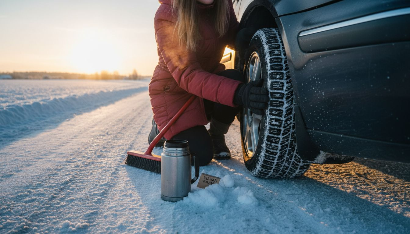 Nainen kokeilee, kuinka hyvin renkaat pitävät liukkaalla jäätiellä.
