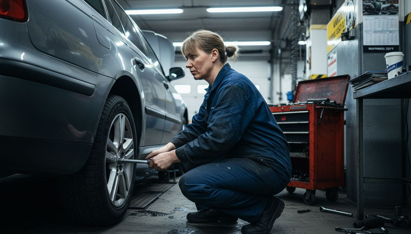 Automekaanikko vaihtamassa renkaita korjaamolla