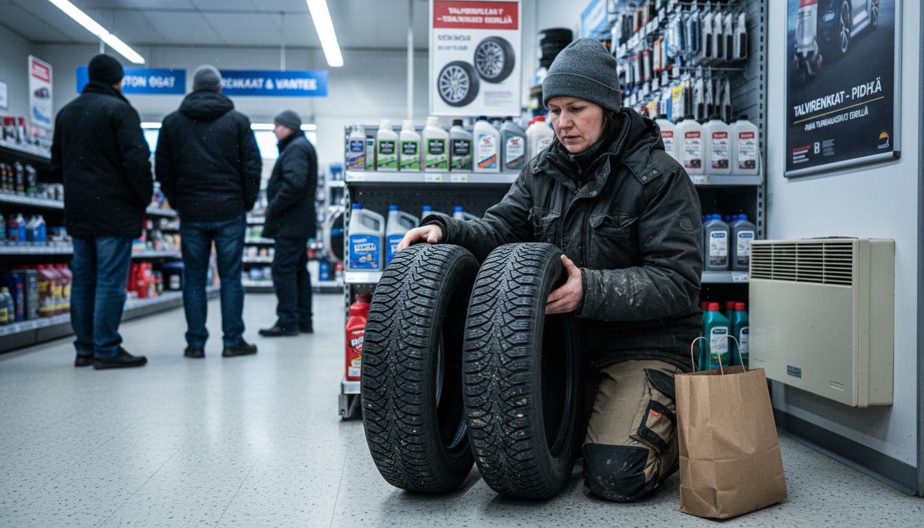 Nainen vertailee kahta rengasmerkkiä liikkeessä