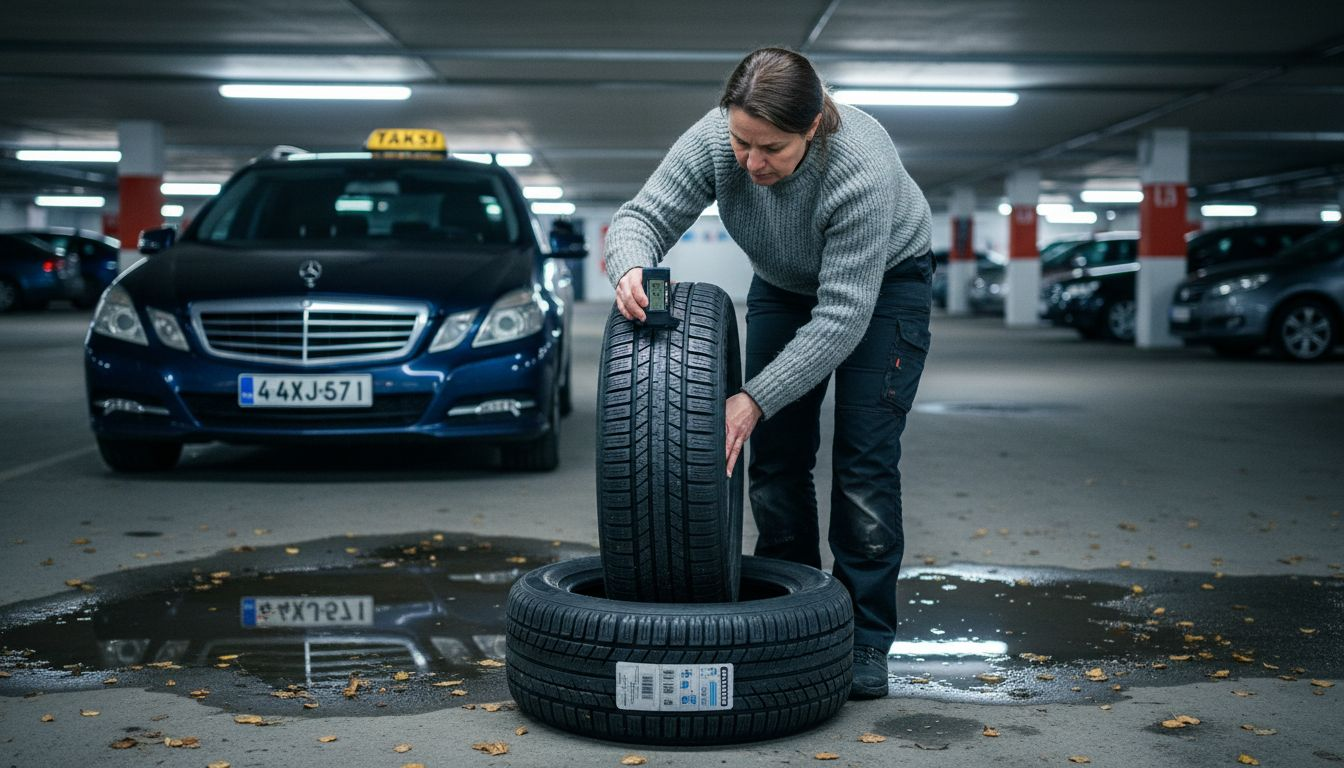 Taksiyrittäjä tarkistaa renkaiden kuntoa varmistaakseen, että autoissa on huippuluokan turvalliset ja laadukkaat renkaat.