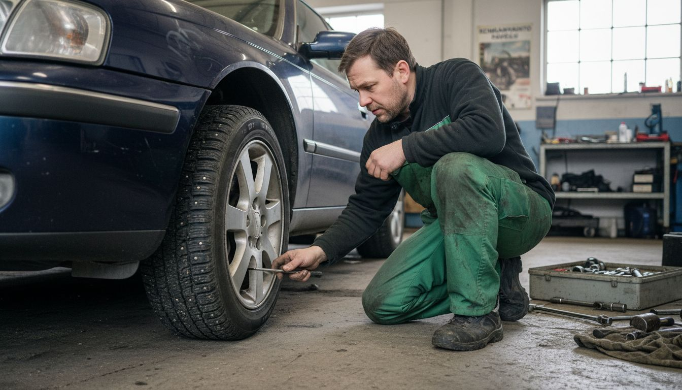 Huoltomies tarkistaa nastarenkaan kunnon turvallisesti.