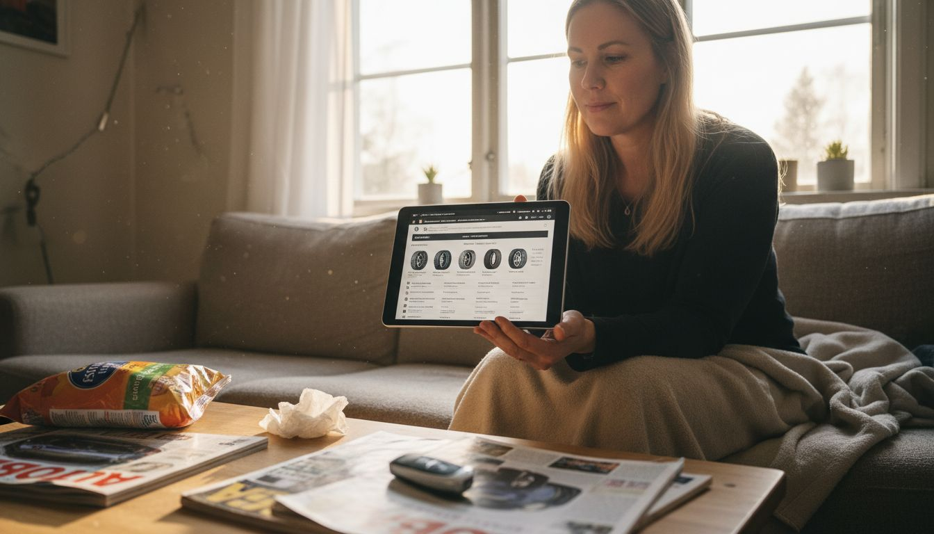 Nainen vertailee sähköauton rengasvaihtoehtoja ja tutkii, mitkä mallit sopisivat parhaiten hänen tarpeisiinsa.