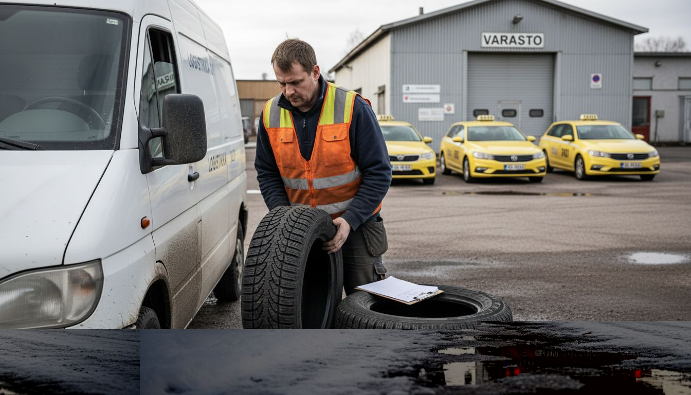 Mekaanikko ottaa vastaan talvirenkaiden toimitusta ulkona