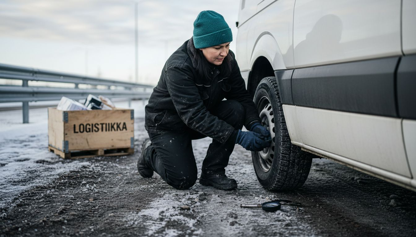 Työntekijä tarkistaa pakettiauton talvirenkaan kunnon.