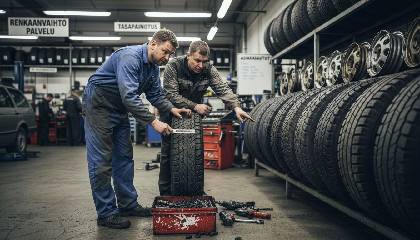Automekaanikot tarkastavat erilaisia autonrenkaita ja vertailevat niiden kuntoa sekä ominaisuuksia.