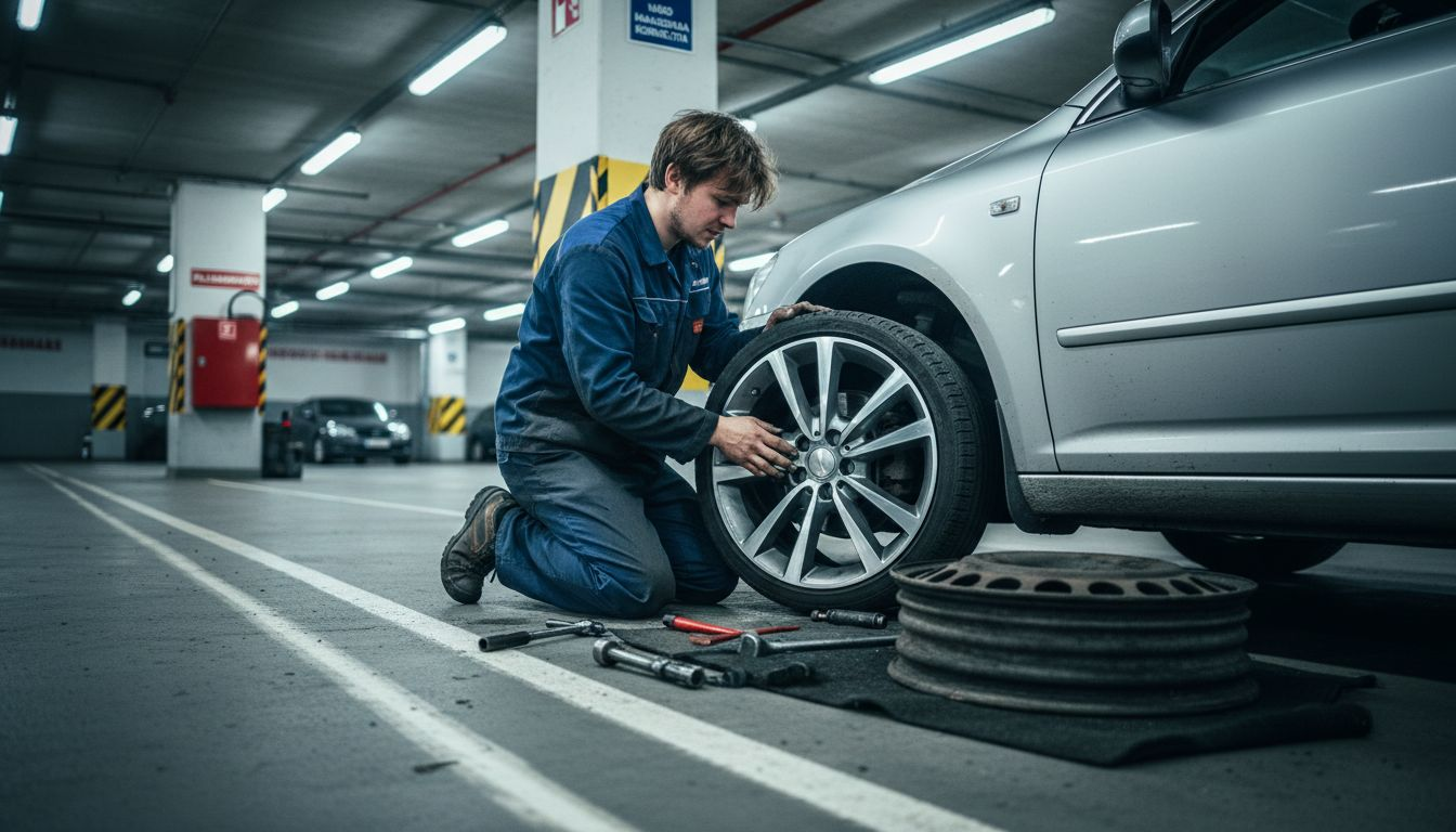 Technician fitting aluminum wheel on car