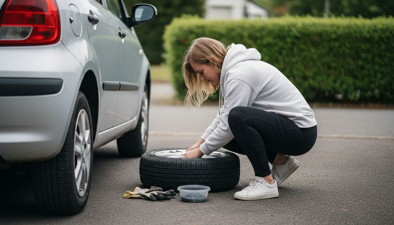 Nainen vaihtaa rengasta asfaltilla kotipihallaan.
