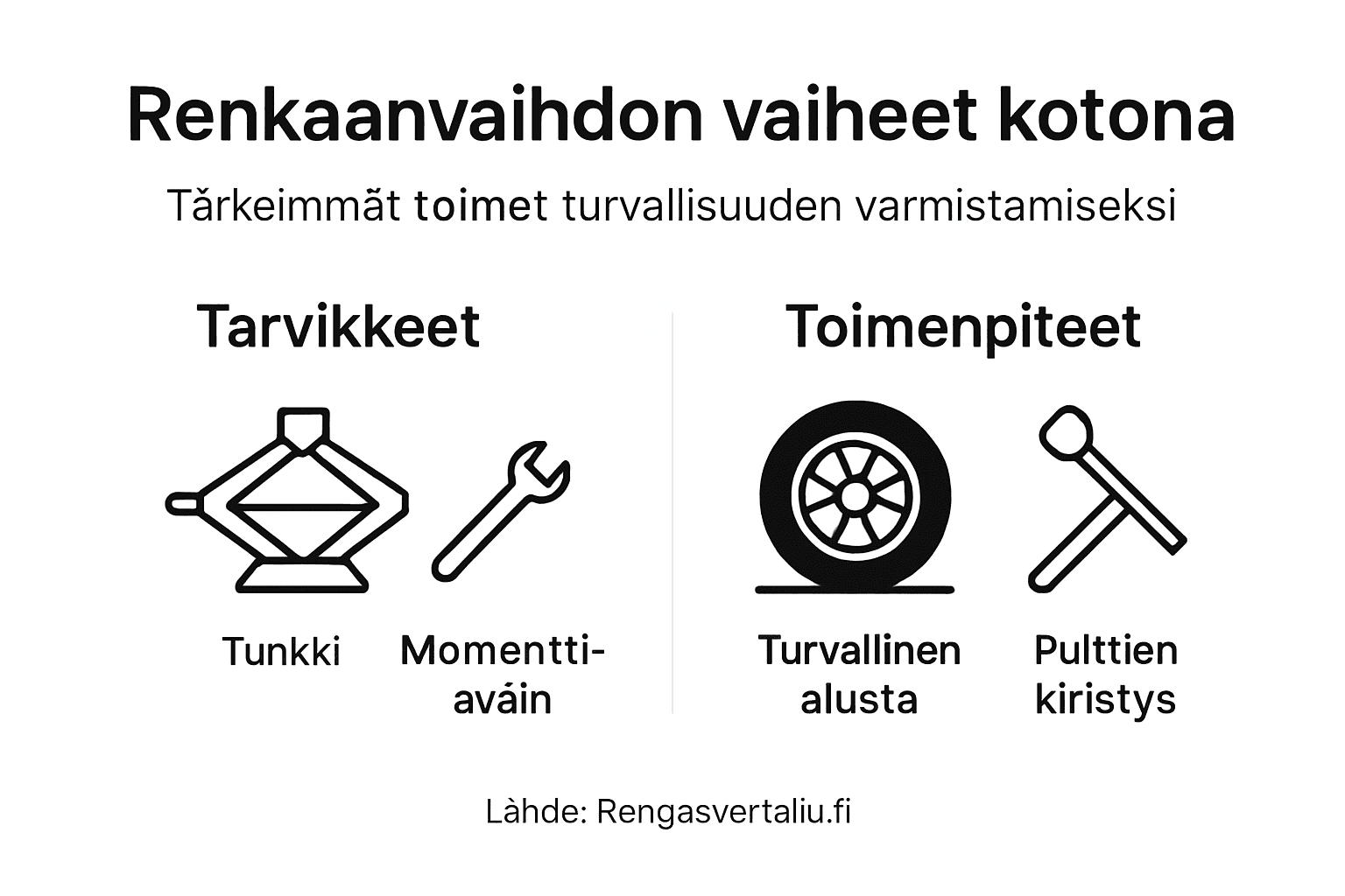Havainnollinen kuva renkaanvaihdon olennaisista työvaiheista