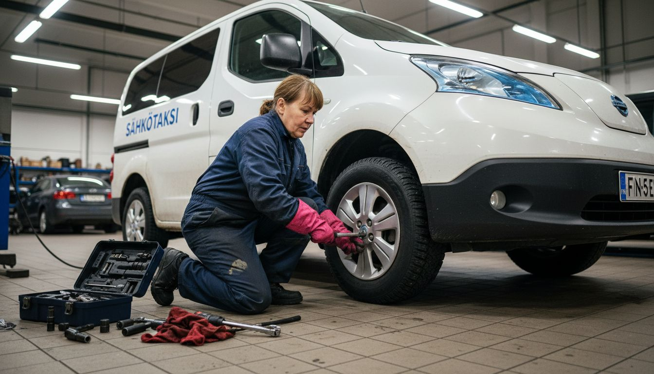 Autonasentaja vaihtaa talvirenkaita sähköiseen taksiin.