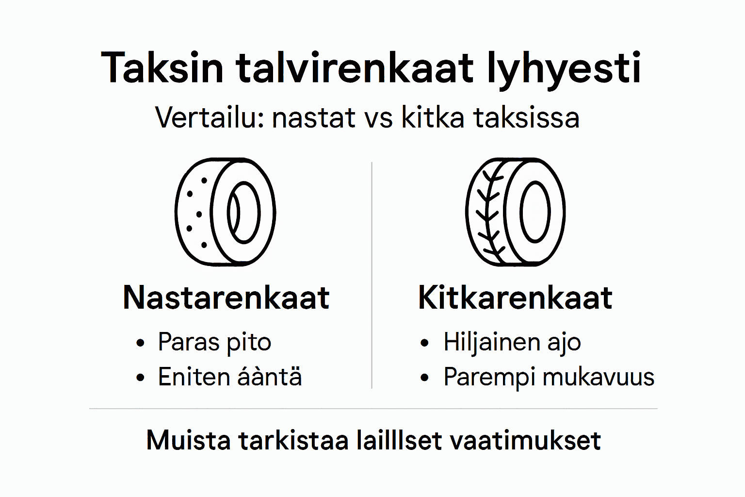 Taksien talvirenkaat vertailussa – infografiikka eri vaihtoehtojen ominaisuuksista