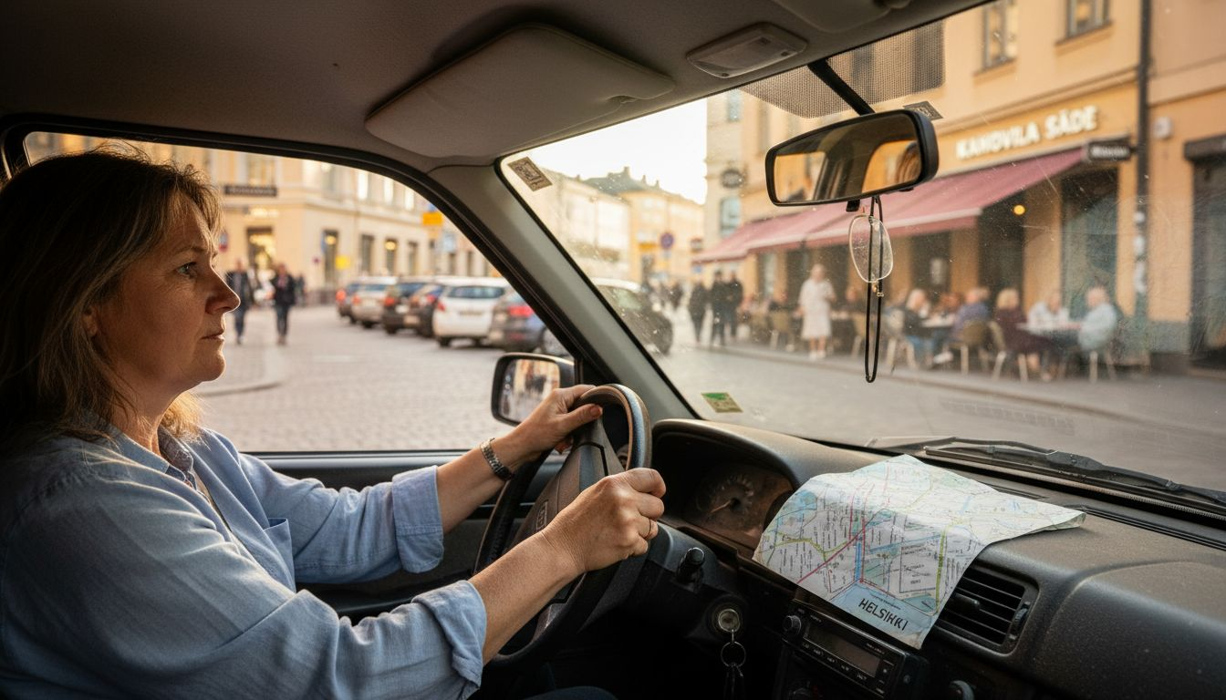 Taksi pujottelee ruuhkaisen keskustan vilinässä