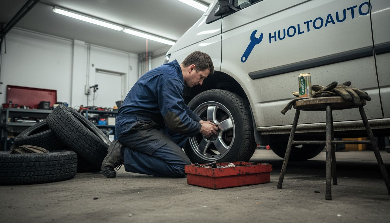 Autohuollon ammattilainen vaihtaa yrityksen pakettiauton alumiinivannetta.