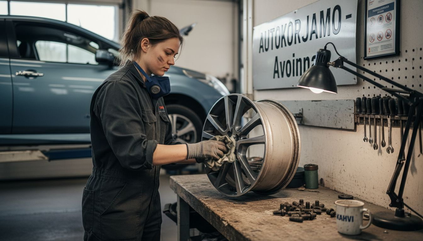 Autohuollon ammattilainen putsaa sähköauton alumiinivannetta huolellisesti.