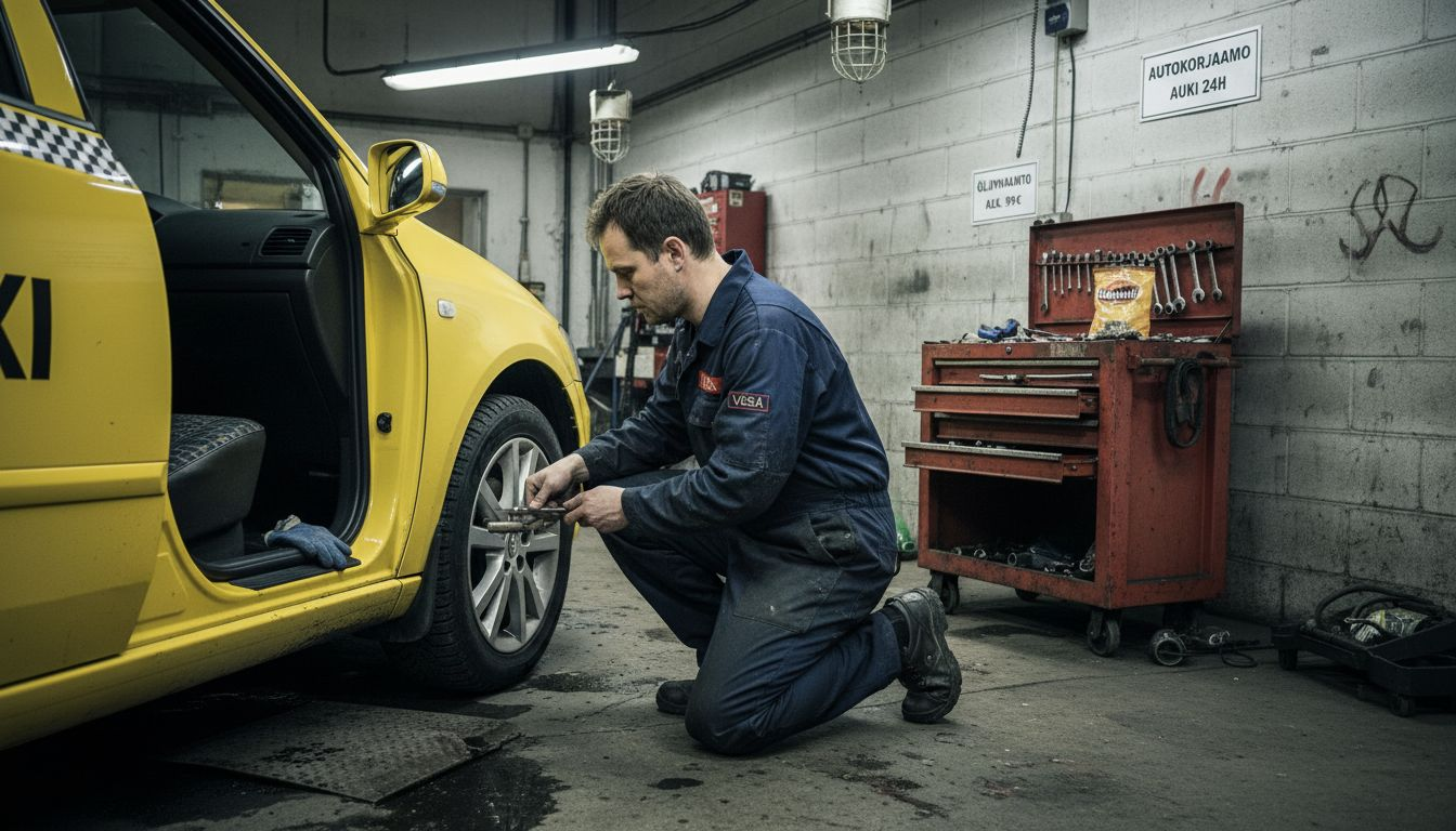 Mekaanikko tarkistaa taksin laadukkaan renkaan huoltamolla.