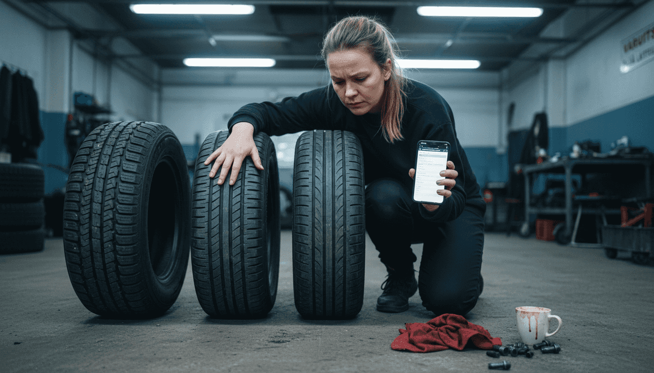 Nainen tutkii ja vertailee kolmea auton rengasta autotallin lattialla.