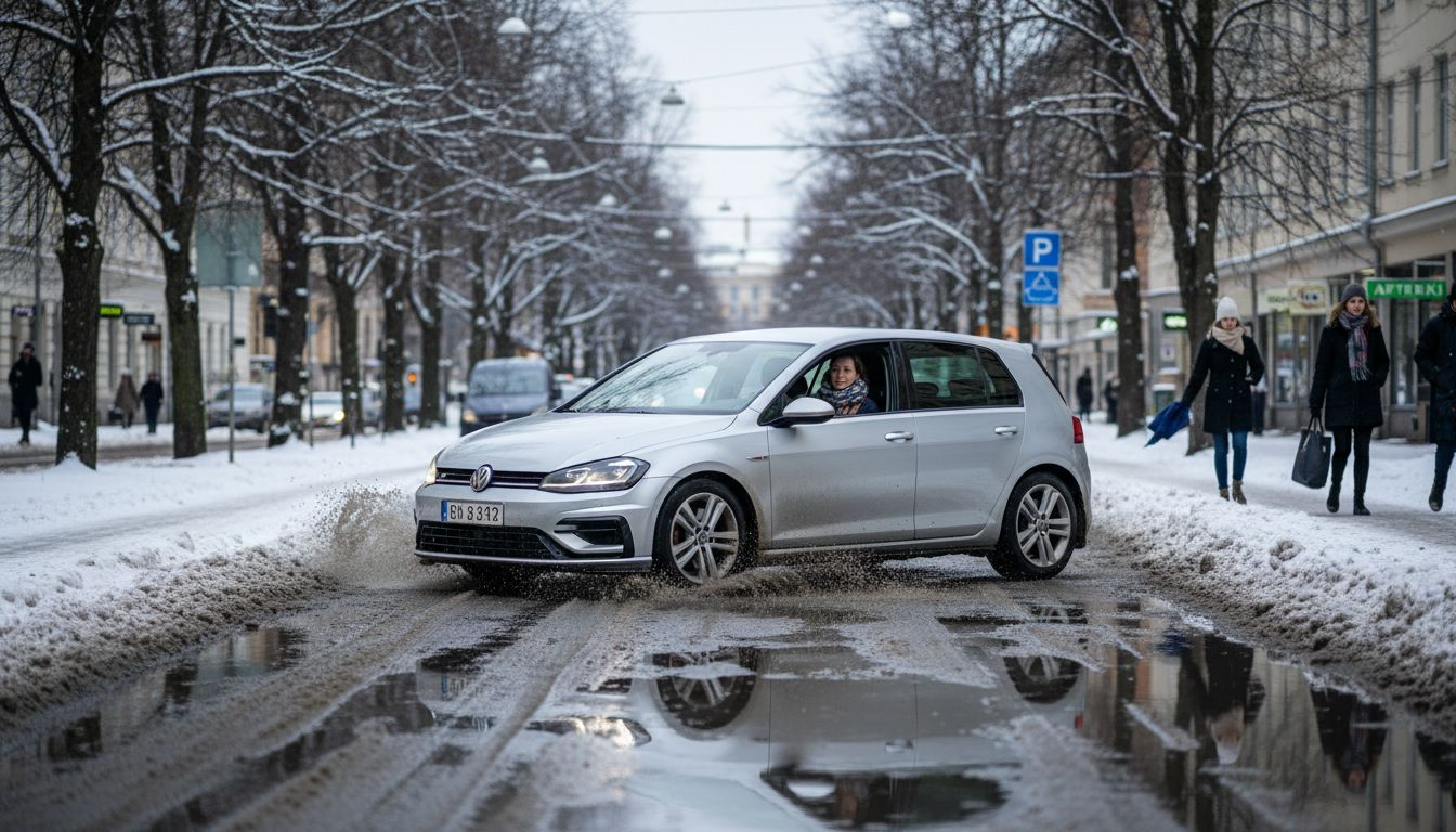 Kitkarenkailla varustettu auto lipuu hiljaisesti kaupungin kaduilla.