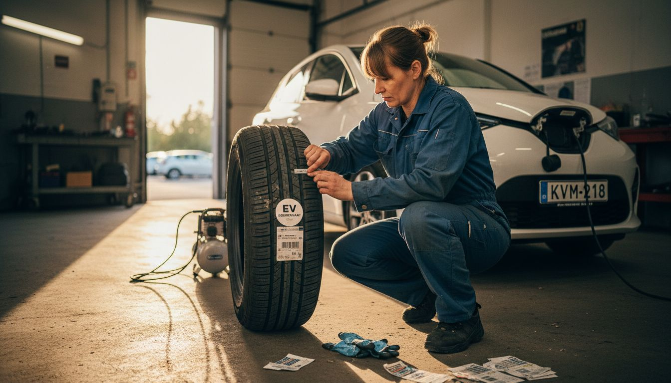 Nainen tarkastelee sähköauton kesärengasta autotallissa