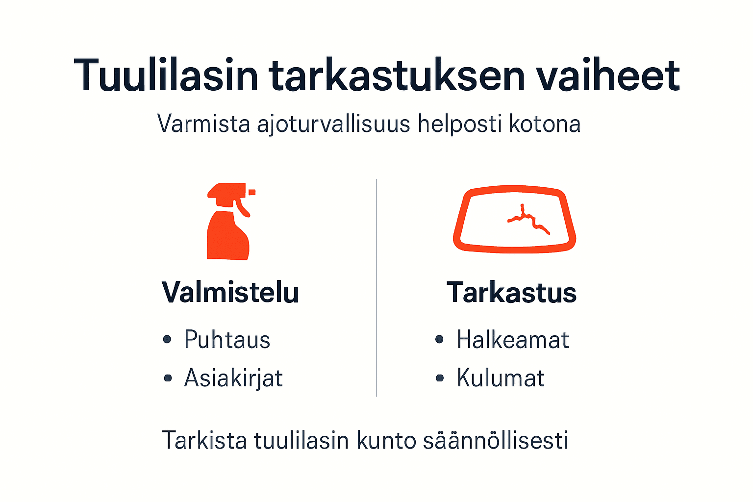 Havainnollinen kuva, jossa käydään läpi tuulilasin tarkistuksen tärkeimmät vaiheet
