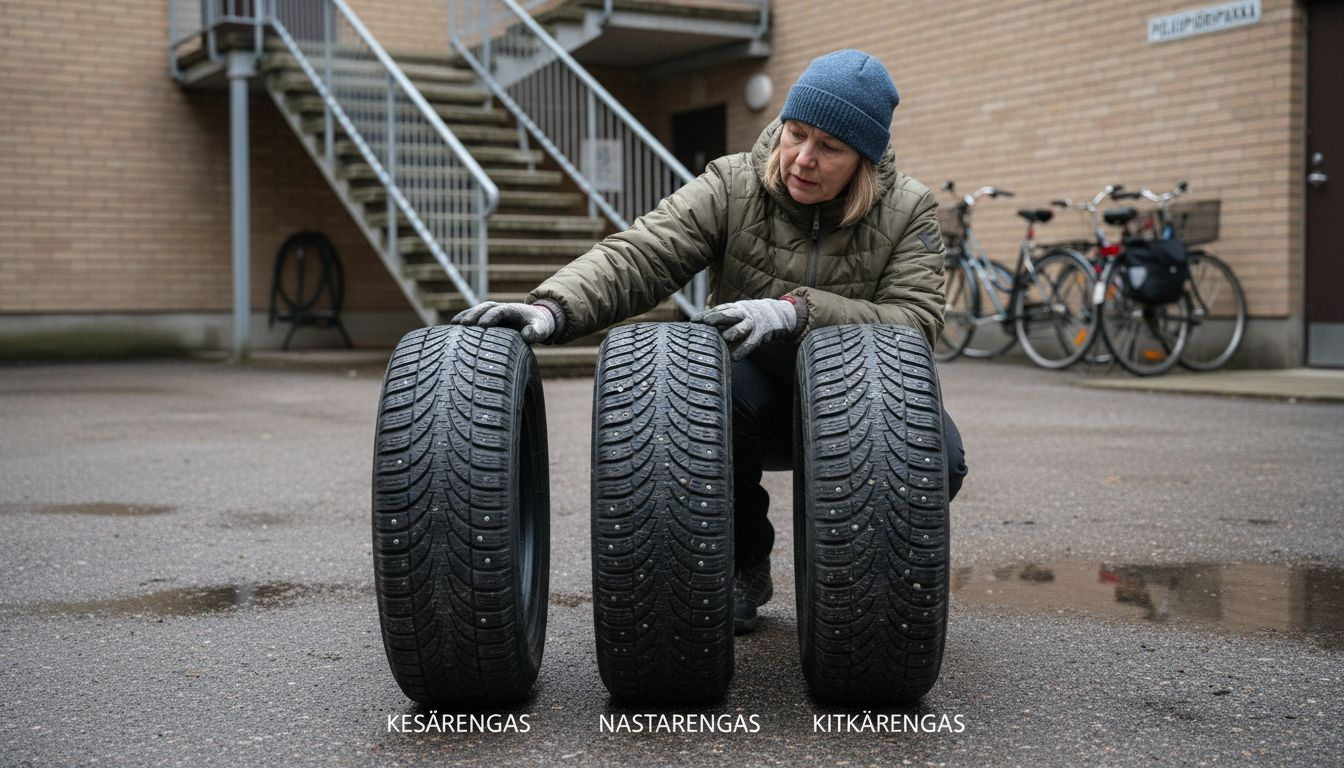 Nainen vertailee kolmea erilaista autonrengasta