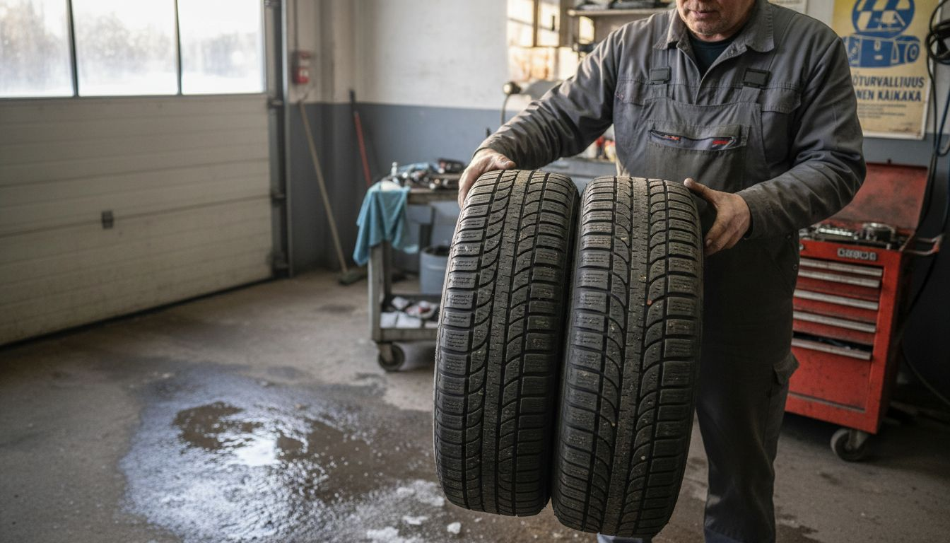 Automekaanikko vertailee talvirenkaita ja kesärenkaita rinnakkain, tarkastellen niiden ominaisuuksia ja eroja käytännössä.