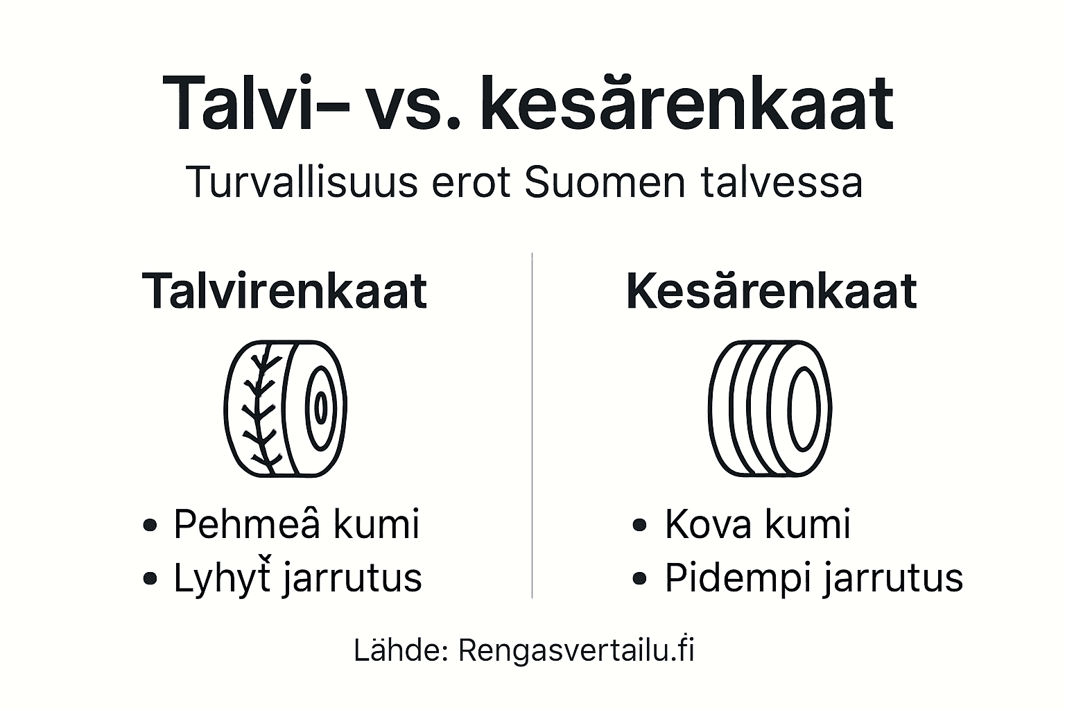 Havainnollistava kuva talvi- ja kesärenkaiden turvallisuuseroista