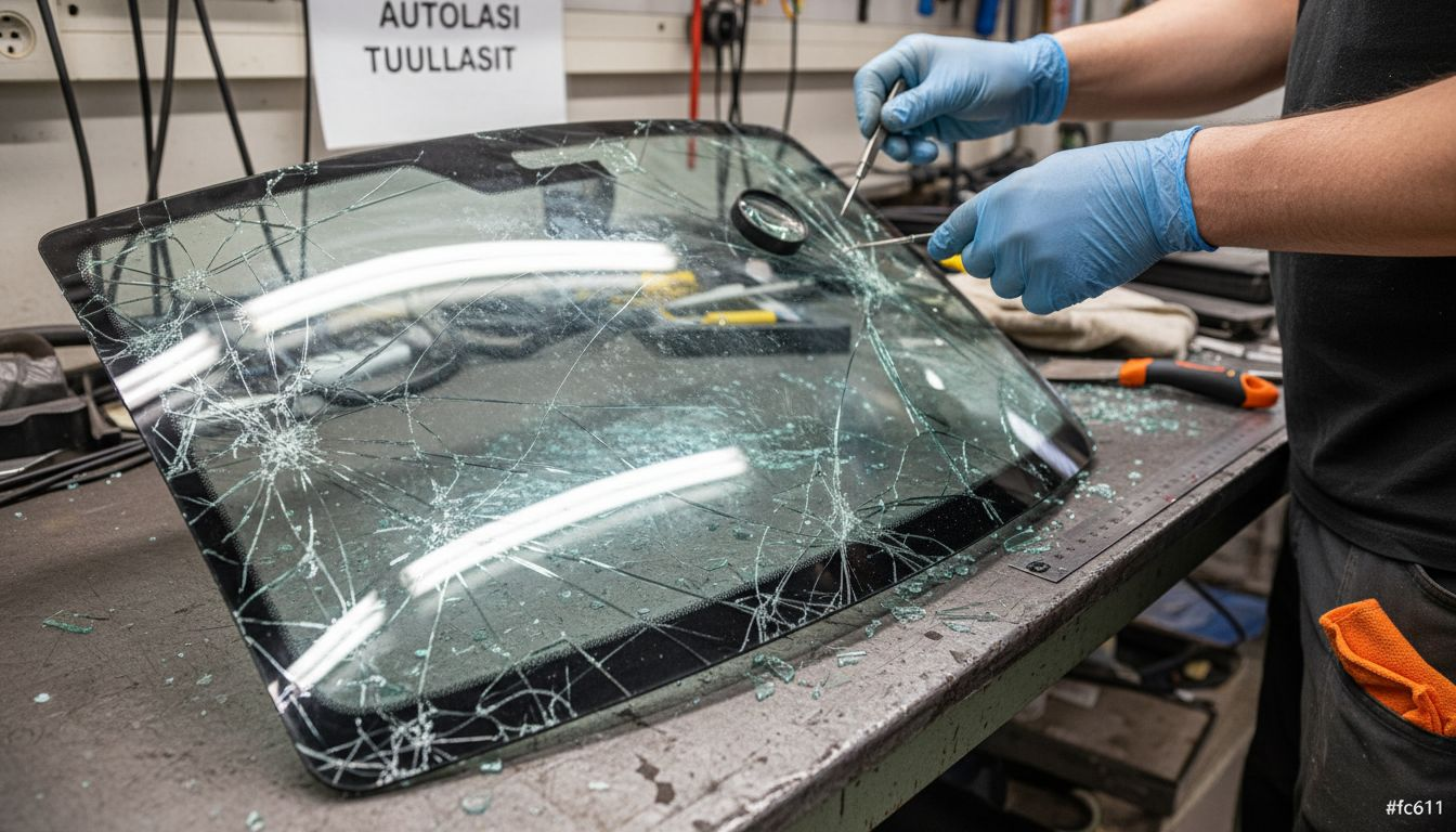 Laminoidun lasin rakenne tarkasteltuna korjauspöydällä
