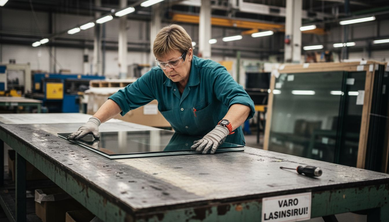 Työntekijä kokoaa tuulilasin laminoituja kerroksia yhteen.