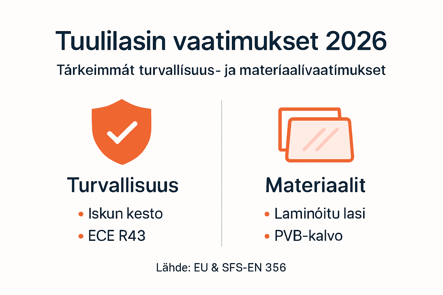 Kuvallinen katsaus tuulilasin tärkeimpiin vaatimuksiin