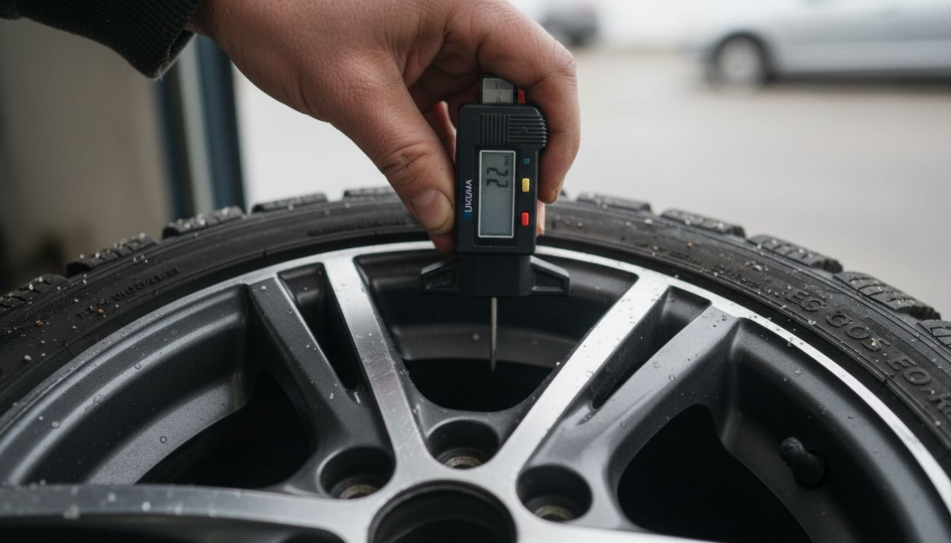 Lähikuva renkaan urasyvyyden mittaamisesta