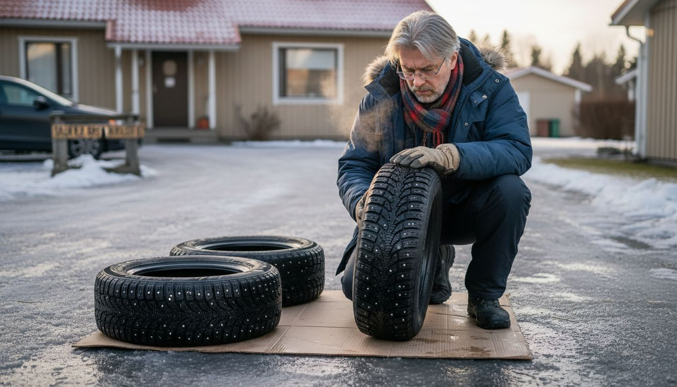 Mies tarkastaa talvirenkaan kuntoa ulkona